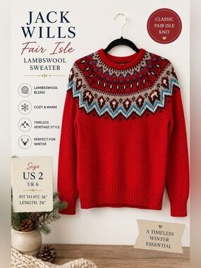 Jack Wills Fair Isle Lambswool Blend Sweater Red Nordic Knit Size US 2